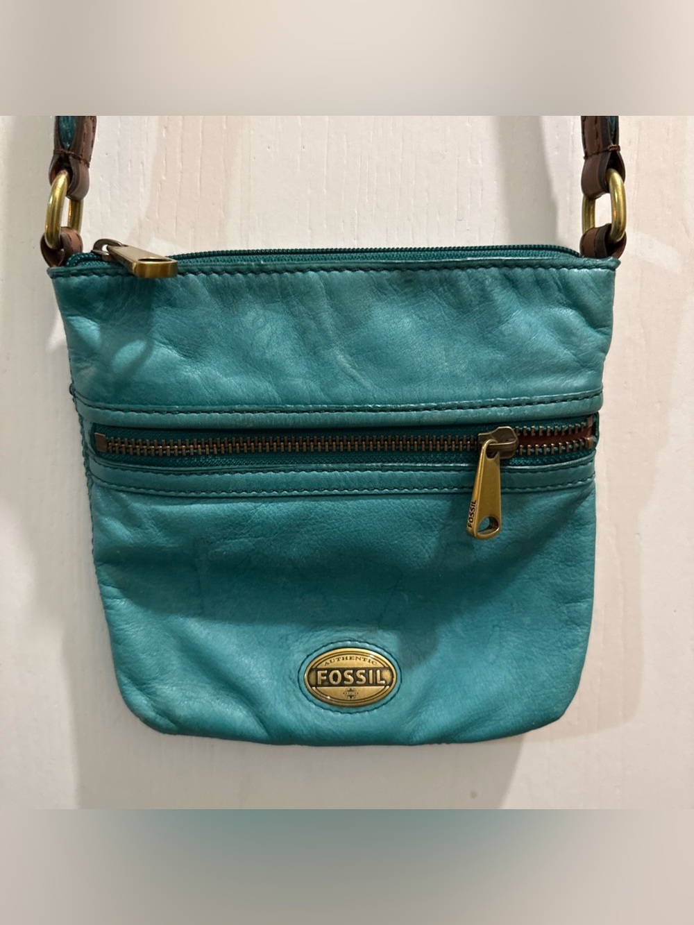 Fossil Teal Leather Crossbody with Brass Accents